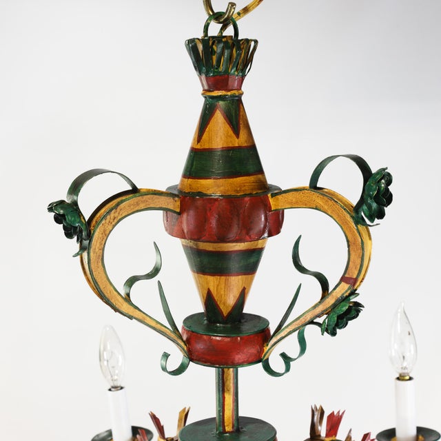 Vintage Six-Arm Tole Chandelier Hand-Painted in Gold, Green, and Red For Sale - Image 11 of 13