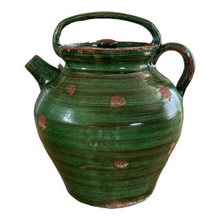 Antique French Green Glazed Gargoulette Pitcher Terracotta W/ Lid 10.5") For Sale