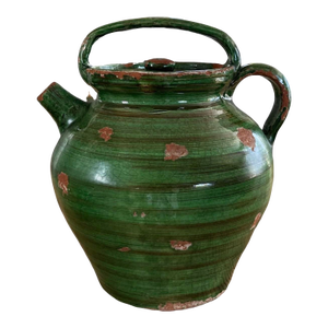 Antique French Green Glazed Gargoulette Pitcher Terracotta W/ Lid 10.5")