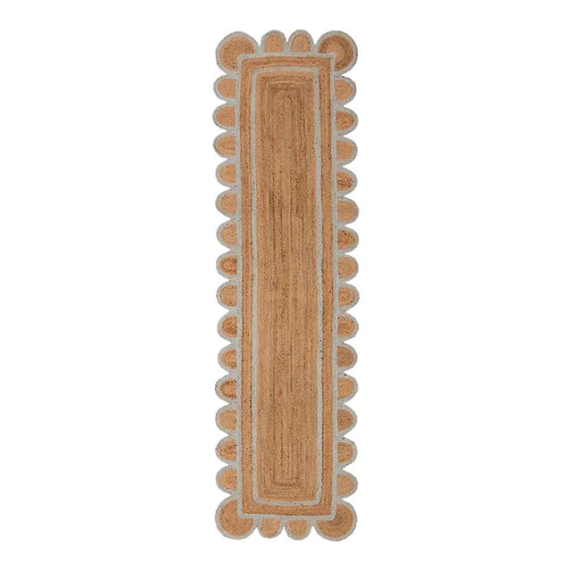 Light Blue Jute Scallop Handmade Boho Runner For Sale