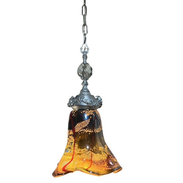 Antique Silver Tone Sculptural Med Goat Head & Abstract Art Glass Pendant Light For Sale - Image 13 of 18