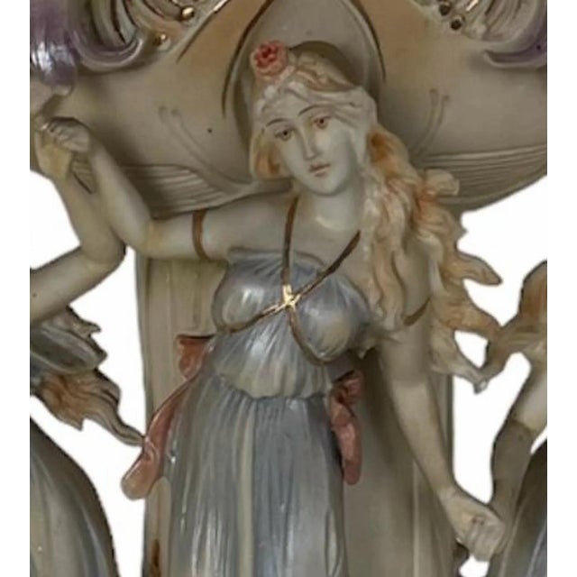 French three graces Art Deco Flower bowl. Begin 20th Century in biscuit, polychrome relief and hollow decoration,...