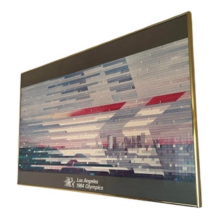 Vintage 1984 Los Angeles Olympics Framed Poster Postmodern Art Brass 1980s Stars in Motion Moshe Elimelech. For Sale