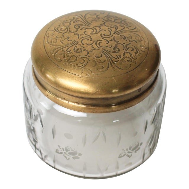 Vintage Glass Vanity Jar W/ Etched Brass Lid For Sale