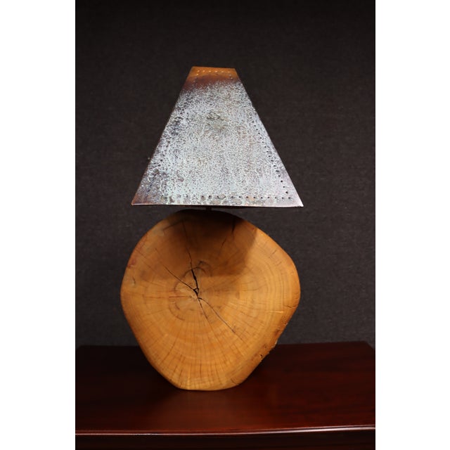Wood Mid 20th Century Mid Century Modern Oversized Live Edge Wood Table Lamp With Patinated Copper Shade For Sale - Image 7 of 12