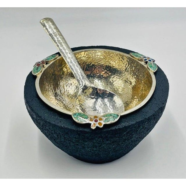 Black 1980s Emilia Castillo Silver Bowl With Volcanic Rock Base & Spoon, Mexican Modernism For Sale - Image 8 of 18
