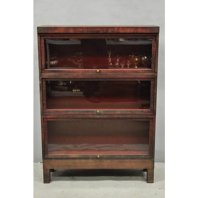 Vintage Industrial Modern Steel Metal Faux Woodgrain Painted Stacking Barrister Bookcase by General Fireproofing Co. Circa...