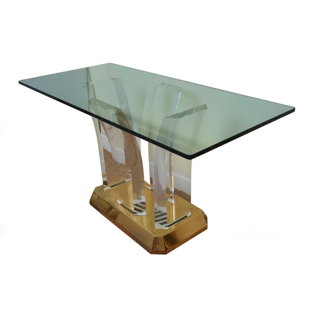 Modern Vintage Karl Springer Gold Plated Over Brass and Arched Lucite and Glass Console Table For Sale - Image 3 of 12