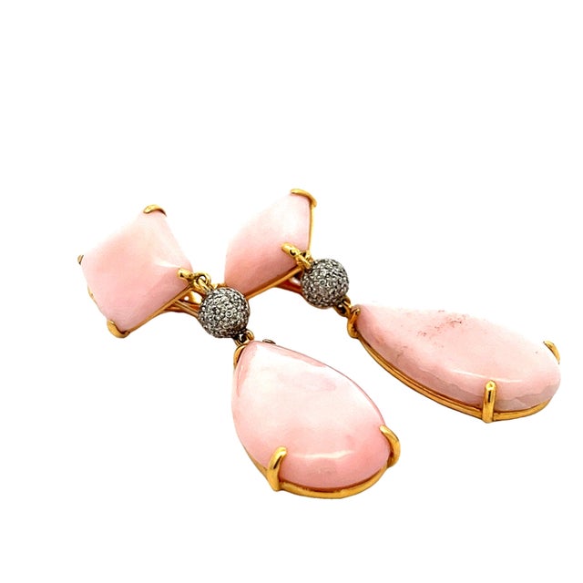 Metal Vintage 1980s 18k Gold Pink Coral and Diamond Drop Earrings, Pair For Sale - Image 7 of 11