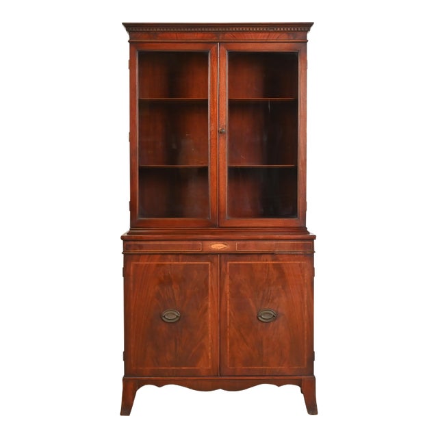 Baker Furniture Style Georgian Inlaid Flame Mahogany Breakfront Bookcase Cabinet, Circa 1940s For Sale