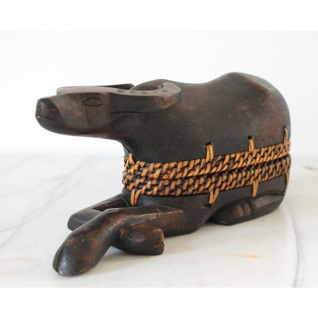 Vintage Hand Carved Wood & Rattan Water Buffalo Trinket Box For Sale - Image 11 of 12