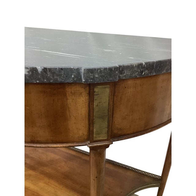 Wood Pair of Louis XVI Style Marble Top Mahogany Brass Mounted Demi-Lune Consoles For Sale - Image 7 of 11