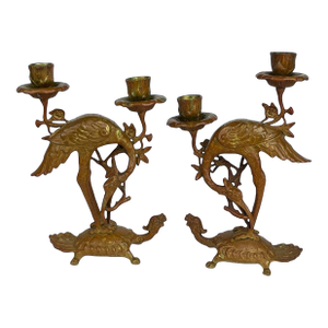 A Pair of French Chinoiserie Patinated Bronze Candle Sticks