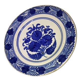 Blue & White Floral Glazed Ceramic Wall Plate For Sale