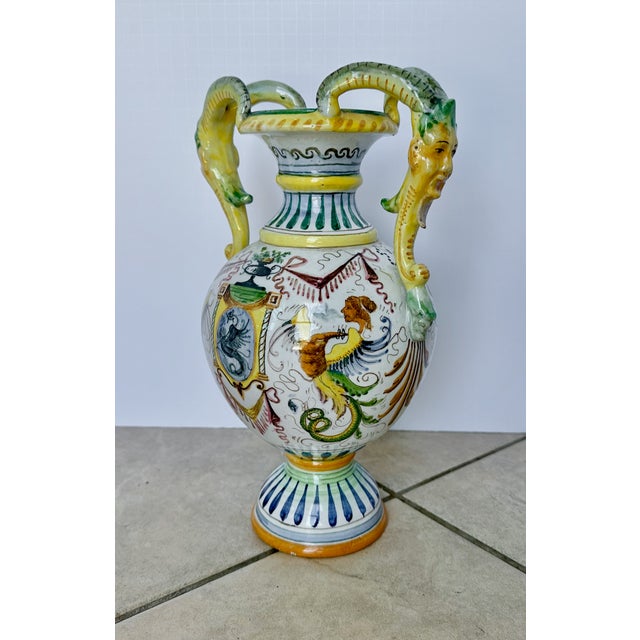 Ceramic Italian Majolica Hand Painted Ceramic Pottery Face Handles Vase For Sale - Image 7 of 16