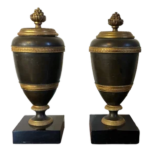 Antique Early 19th Century French Empire Directoire Gilt & Patinated Bronze Urn Form Cassoulettes on Marble Bases Circa 1810 - a Pair