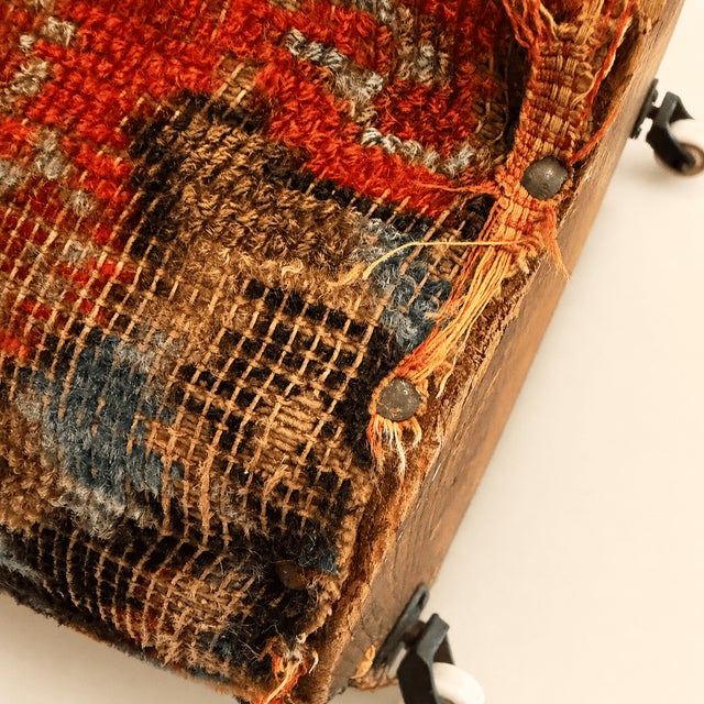 Wood Late 19th Century Antique Oriental Carpet Footstool on Porcelain Casters For Sale - Image 7 of 9