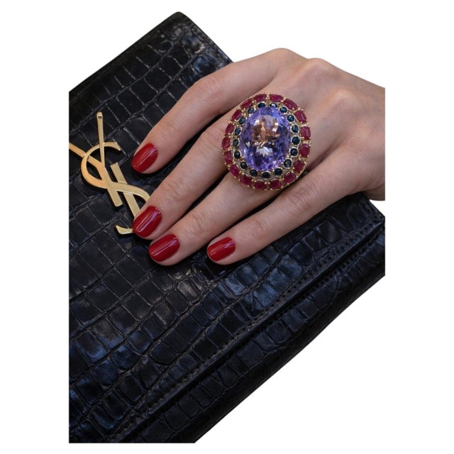 Bochic “Capri” Vintage Ruby, Amethyst & Multi Sapphire Ring - 18K Gold & Silver For Sale - Image 4 of 11
