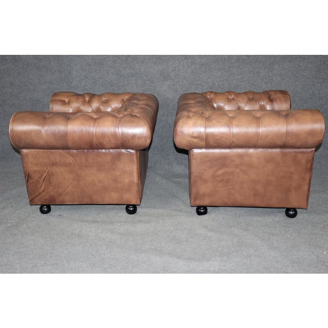 Pair of English Custom Chesterfield Brown Distressed Leather Tufted Club Chairs For Sale In Philadelphia - Image 6 of 10
