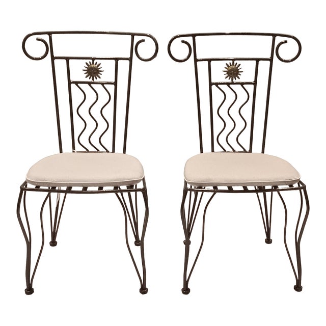 Vintage French Style Wrought Iron Garden Chairs With Sunburst Design, 2 Pieces For Sale