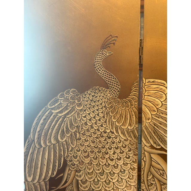 Gold Maitland Smith Folding Screen With a Gold Leaf and Peacock Design For Sale - Image 8 of 9