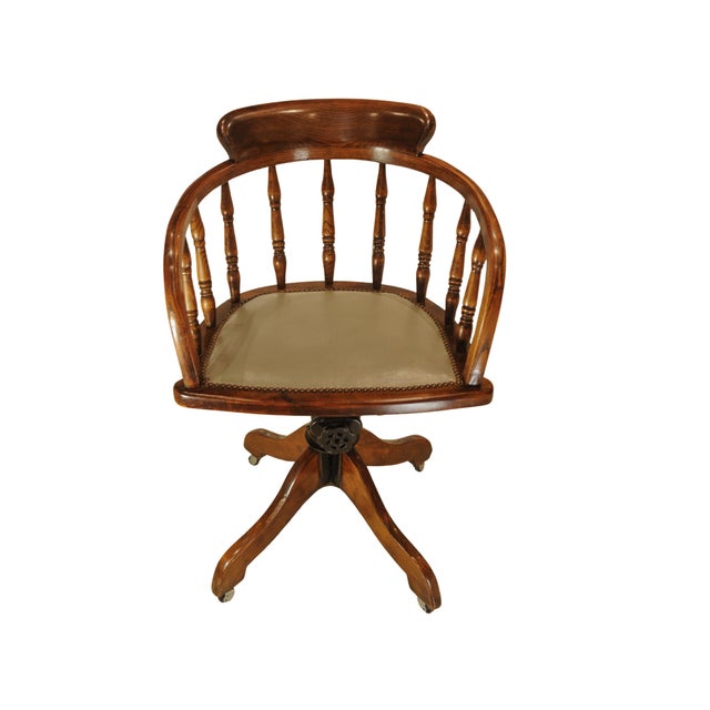 Antique Captain's Desk Chair with Brass Stud Detailing and Iron Base, 1930s For Sale - Image 10 of 10