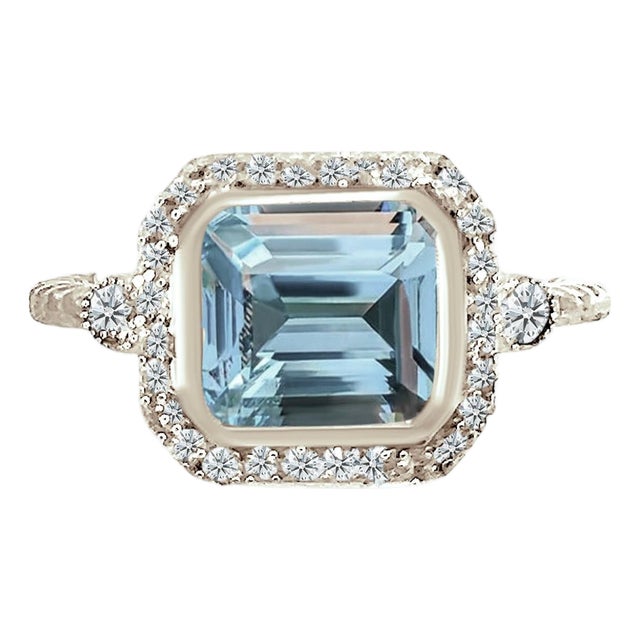Natural Aquamarine Diamond Ring 6.5 14k White Gold 3.05 TCW Certified For Sale