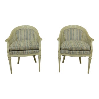 French Louis XVI Style Paint Decorated Cane Side Armchairs - a Pair For Sale