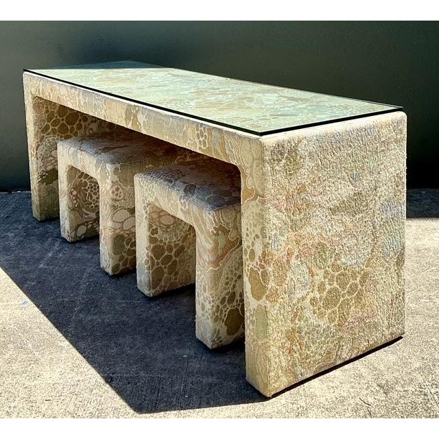 Late 20th Century Vintage 80s Upholstered Console and Stools After Jack Lenor Larsen For Sale - Image 5 of 12