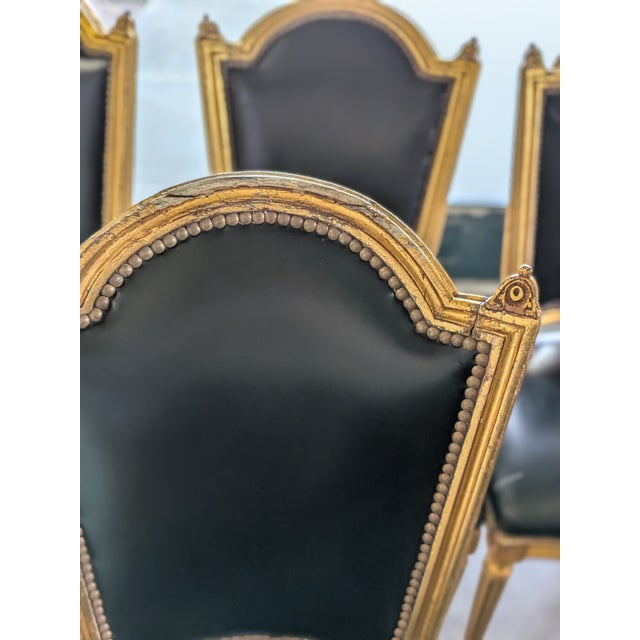 Set of 6 Antique 19th Century French Louis XVI Giltwood & Black Leather Dining Chairs For Sale - Image 9 of 13