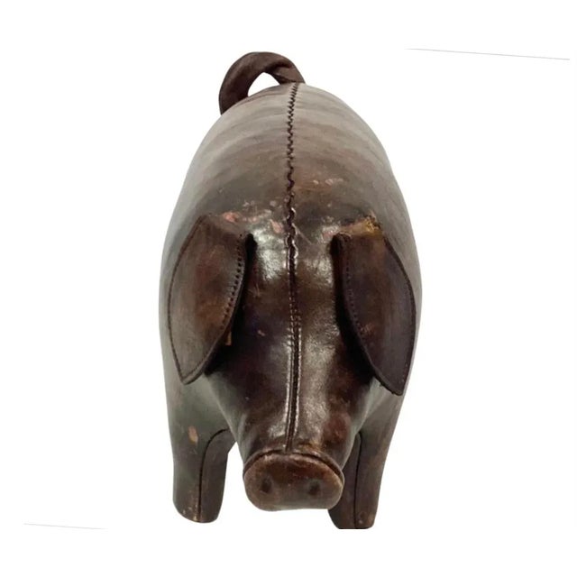 English Vintage Brown Leather Pig Abercrombie & Fitch Footstool For Sale - Image 3 of 8