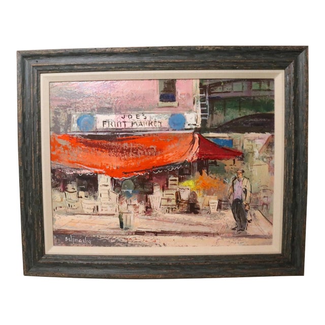 Vintage George Schwacha Oil Board Fruit Market Cityscape Expressionism Painting For Sale