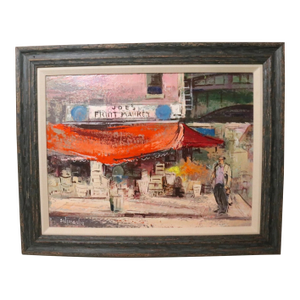 Vintage George Schwacha Oil Board Fruit Market Cityscape Expressionism Painting