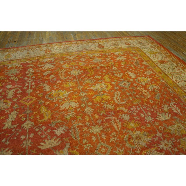 1880s Orange Antique Tribal Rustic Turkish Angora Oushak Rug 11' 10" X14' Handknotted Wool Carpet For Sale - Image 9 of 18