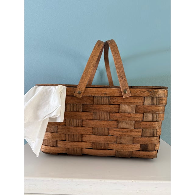 Wood Vintage Large Woven Splint Wood Picnic Basket Double Swing Handle For Sale - Image 7 of 13
