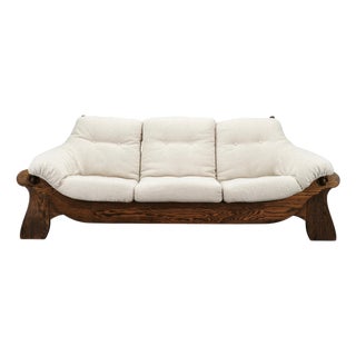 Brutalist Oak and Bouclé 3-Seater Sofa, Former Czechoslovakia, 1970s For Sale