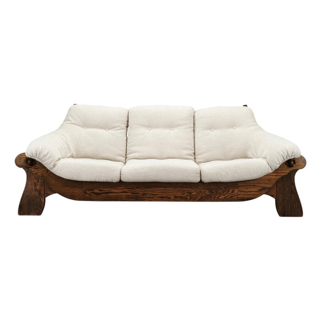 Brutalist Oak and Bouclé 3-Seater Sofa, Former Czechoslovakia, 1970s For Sale