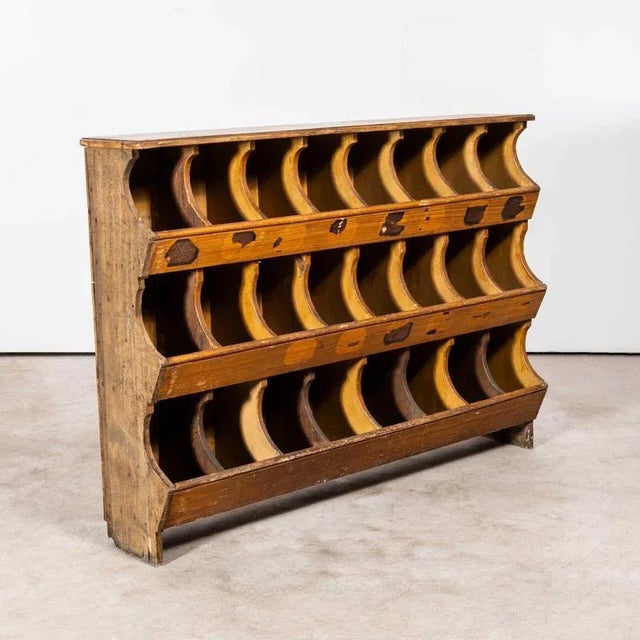 1940's faux wood workshop shelving - pigeon hole bins. Very early original french hardware shelving unit. Made in solid...