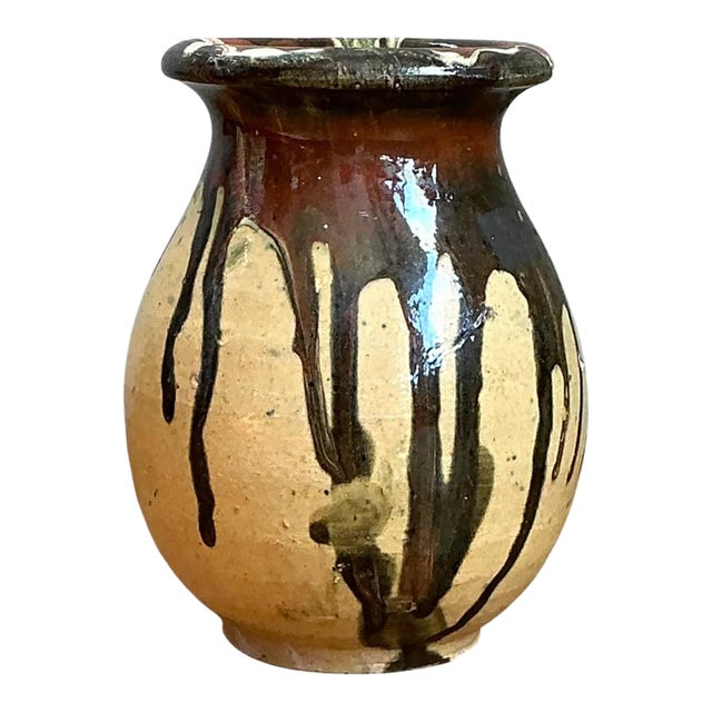 Vintage Stoneware Vase With Drip Glaze For Sale