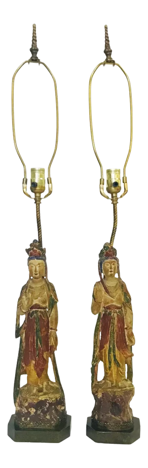 19th Century Carved Polychrome Wood Quan Yin Figure Lamps- a Pair