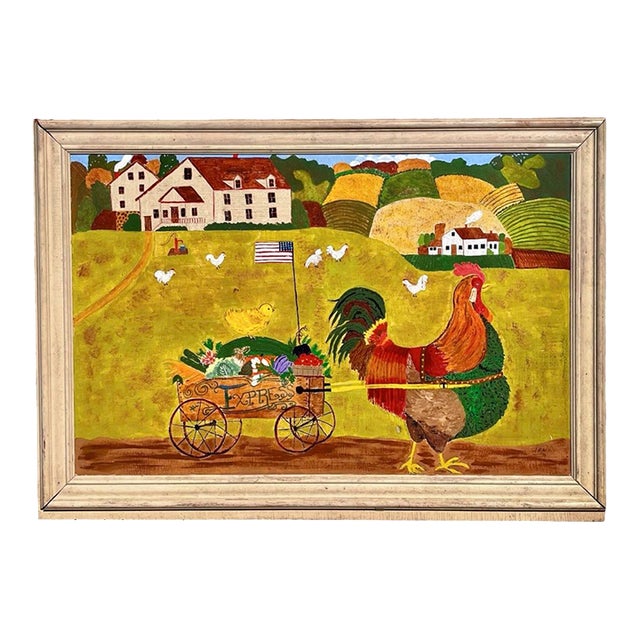 Large Farm Scene Folk Art Painting on Wood Board For Sale