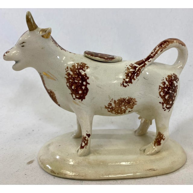 Antique Sponge-Ware Staffordshire Cow Creamer Figurine in Ivory Color Made in England - Circa 1860’s For Sale - Image 10 of 10