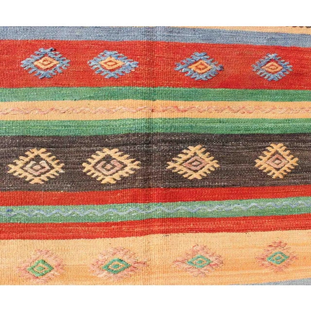Blue Mid 20th Century Vintage Turkish Kilim Carpet With Colorful Geometric Stripe Design For Sale - Image 8 of 13