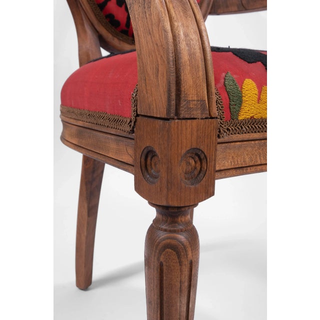 Ruby Red Vintage Wooden Suzani Armchair - Diningroom Chair With Bergere Style For Sale - Image 8 of 13