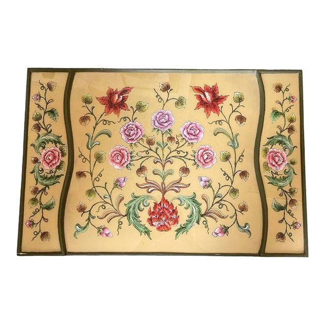Vintage Hollywood Regency Style Floral Chinoiserie Glass-Top Serving Tray For Sale
