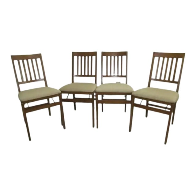 Stakmore Co. Wood Folding Dining Chairs with Beige Upholstered Seats- Set of 4 For Sale