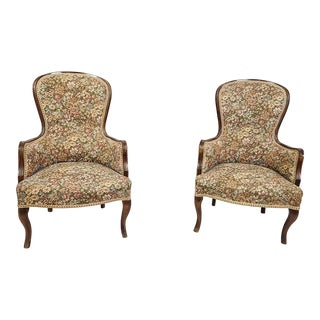Set of Wooden Armchairs with Floral Fabric For Sale