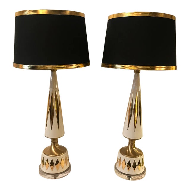Glazed Ceramic Mid Century Gold Diamond Lamps - A Pair For Sale