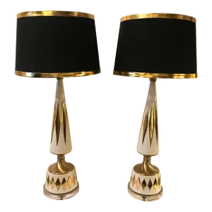 Glazed Ceramic Mid Century Gold Diamond Lamps - A Pair