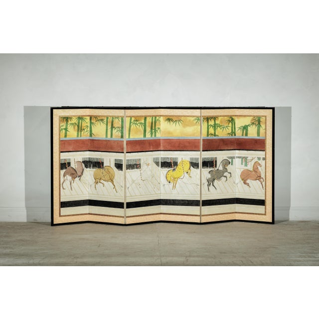 Japanese Inspired Six-Panel Screen with Horses in Stable with Bamboo Backdrop For Sale - Image 17 of 18